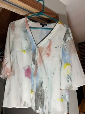 J. Crew Abstract Watercolor Print V-Neck Blouse - White with Pastel Accents